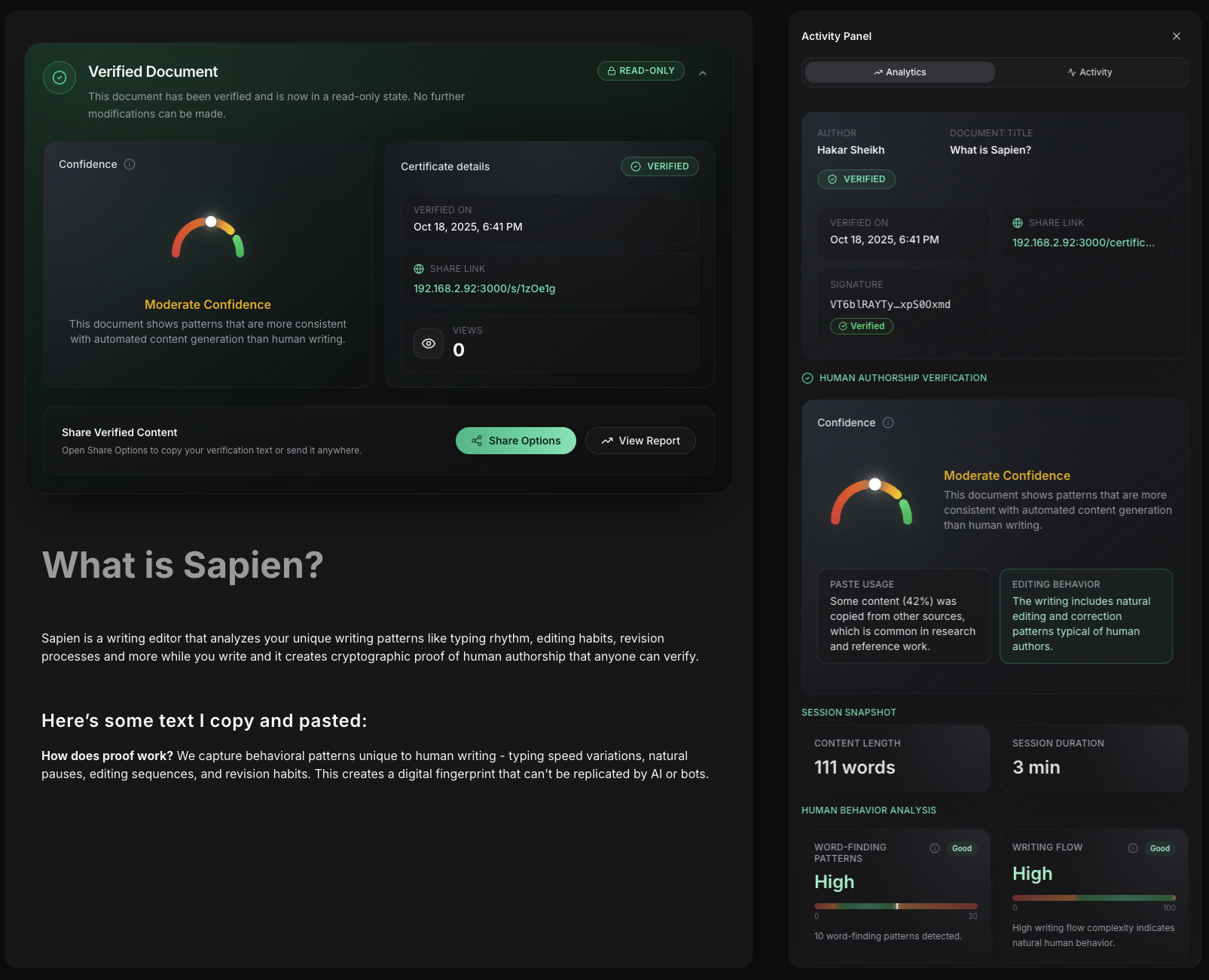 Sapien verification interface showing human authorship proof